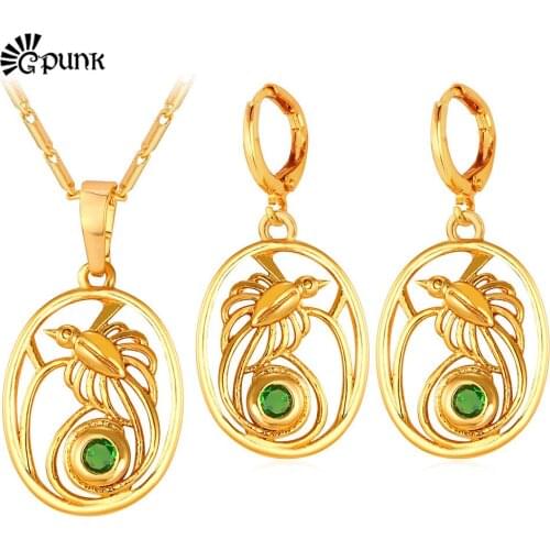 Bird of Paradise Pendant Necklace and Earrings Set for Women Excellent Gold Color PNG Papua New Guinea Girls Gift Jewelry