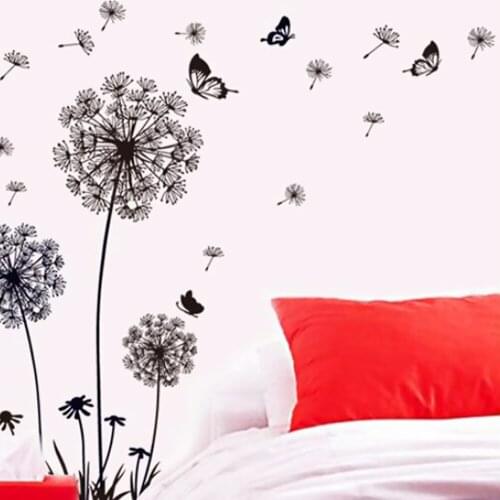 Removable Creative Flower Wall Stickers Black Dandelion Wall Decals Flying Flowers Butterflies Wall Art Living Room Bedroom