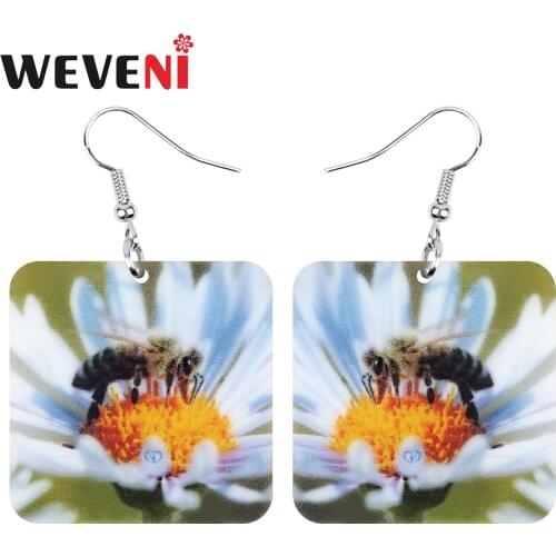 WEVENI Acrylic Square Honeybee Bee Earrings Flower Insect Animal Dangle Drop Jewelry For Women Girls TeenTrendy Gift Accessories