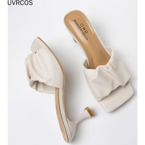 2021 Women Slippers Pleated Summer Light Sexy Open Toe Solid Color Sandals Stiletto Heels Women Luxury Prom Woman Black Shoes