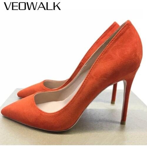 Veowalk Women Flock Pointed Toe Stiletto Pumps Classic Slip On 12cm High Heel Shoes for Elegant Ladies Black Green Orange Gray