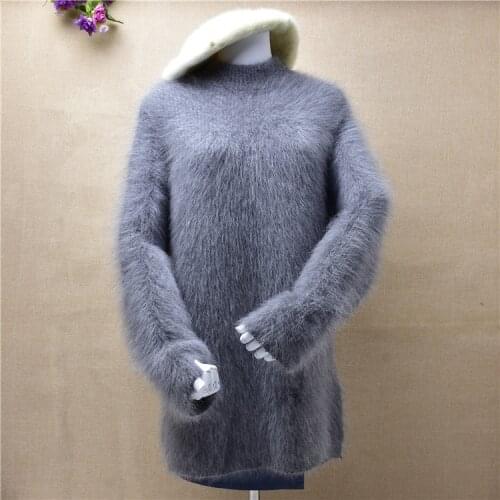 Top mujer women female gery medium turtleneck fluffy mink cashmere long sleeves pullover angora rabbit fur winter thick jumper