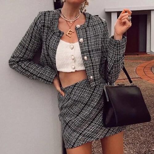 Women Plaid Cropped Suit Long Sleeve Top High Waist Short Hip Skirt Sexy Two Piece Set Office Ladies Urban Fasion Autumn 2021