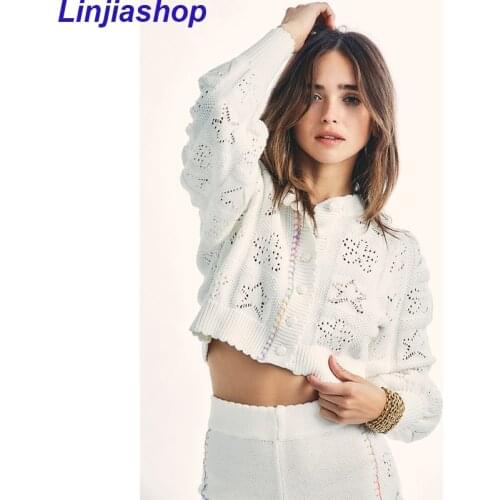 Women Cropped Embroider Knit Cardigan Long Sleeve Vintage Autumn Sweater Female Button Up Casual Knitted Top