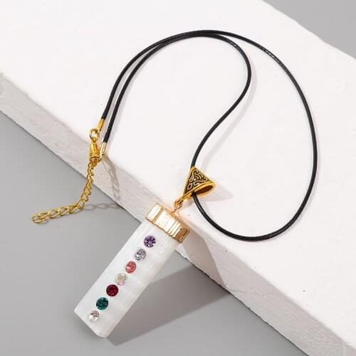 Ladies Natural White Rectangular Stone Inlay Multicolor Rhinestone Pendant Necklaces For Women Black Leather Rope Chain Necklace