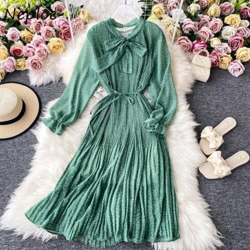 Neploe Women Chiffon Dress 2021 Autumn New French Style Retro Gentleness Dot Bow Collar Sashes Slim Wasit Pleated Dresses 82179