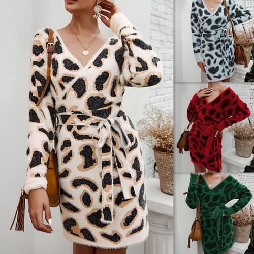 Long Sleeve Winter Leopord Sweater Dress Elegant Women Casual Sexy Backless V Neck Sashes Bodycon Dress Warm Knitted Pullovers