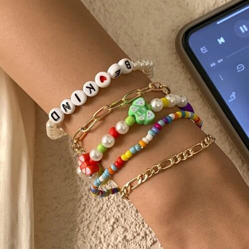 DIEZI Vintage Multicolor Acrylic Beads Pearl Bracelets For Women Handmade Butterfly Letters Rope Bracelet Sets Bohemian Jewelry