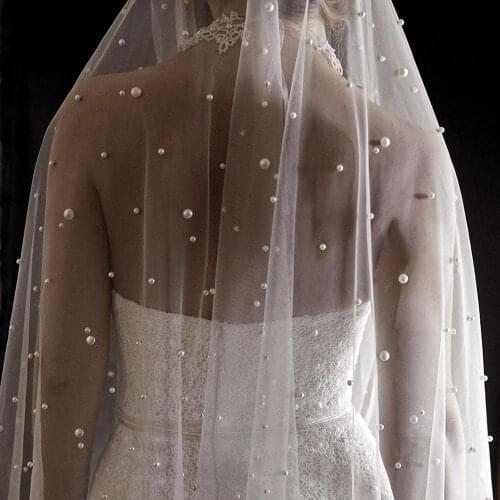Bridal Veil With Pearls Comb One Layer Long Cathedral Wedding Veil Velos de Noiva Crystal Beaded Veil White Ivory Champagne