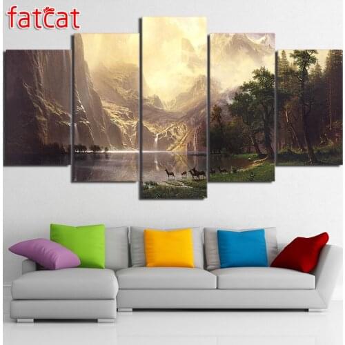 FATCAT 5 Pieces Mountain Lake Natural Landscape Animal Deer Diy Diamond Painting Full Square Round Diamond Embroidery Sale AE962