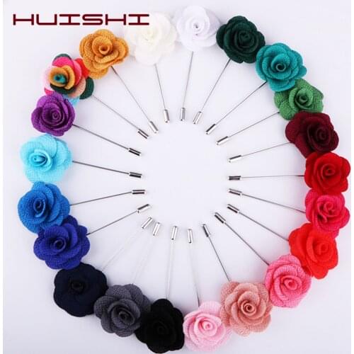 HUISHI Brooch Flower New Lapel 21 Colors Flower Camellia Handmade Boutonniere Stick Brooch Pin Men Accessories in Party Wedding