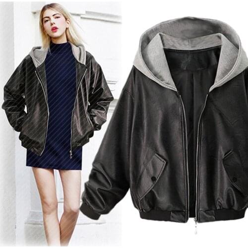 Spring And Autumn Loose Hooded Top Leather Jacket Women 2020 Pu Zip Up Hoodies Jackets For Women
