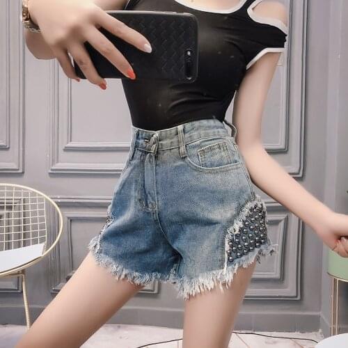 Summer Shorts 2020 New Womens Heavy Riveting Jeans Shorts Slim High Waist Denim Shorts Female