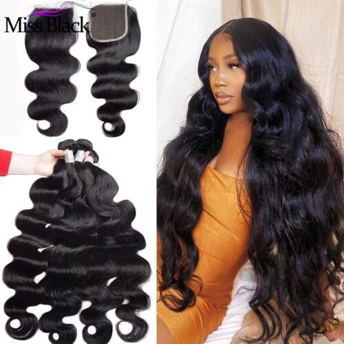 Miss Black Brazilian Body Wave 3/4 Bundles Human Hair Extension With 4*4 Lace Closure Double Weft Bundles With Closure Swiss