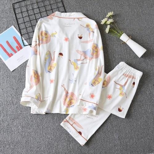 Japanese Style New Spring and Autumn Pajamas Set for Ladies 100% Cotton Long-sleeved Two-piece Knitted Cotton Pajamas Set Women