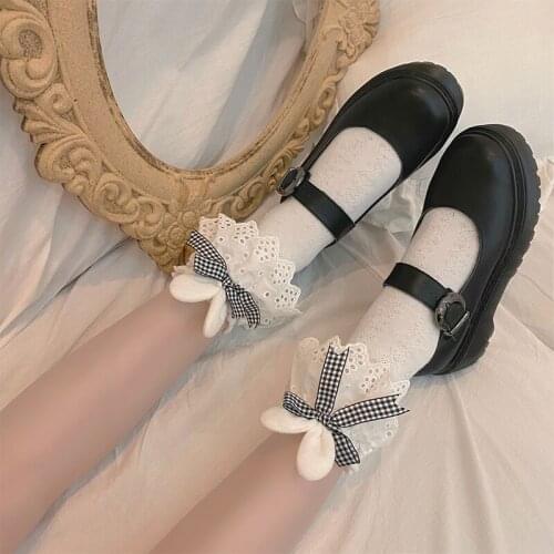 Autumn Winter Cotton Linen White Short Socks Girls Soft Sister Bunny Ears Embroidery Lace Cute Sweet Plaid Bows Socks Women