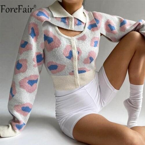 Forefair Autumn Knitted Crop Sweater Women Long Sleeve Pullover Y2k Leopard Print Fashion 2021 Winter Casual Vintage Jumper Tops