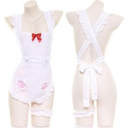 Sexy Cute Cat Paw Maid Style Tie Nake Apron Womens See-throught Dress Cute Exotic Apparel Color White