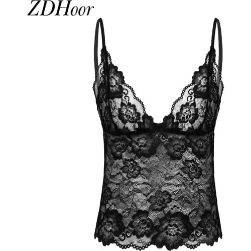 Sexy Erotic Lingerie Mens Sissy Lace See Through Tank Top Adjustable Straps Deep V Neck Black Camisole Vest Crop Top Nightwear