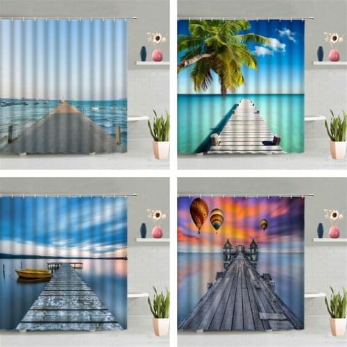 Ocean Coast Corridor Shower Curtain Sea Hot Air Balloon Scenery Wall Hanging Curtains Bathroom Waterproof Screen Home Decor