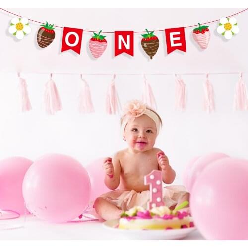 Sweet Strawberry ONE Fruit Theme Party Paper HAPPY BIRTHDAY ONE Party Hanging Banners Flags Baby Shower Party Banner