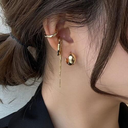 Korean Fashion Tassel Chain Clips Geometric Letter C Stud Earrings Set for Women Girl Kpop Earings Jewelry