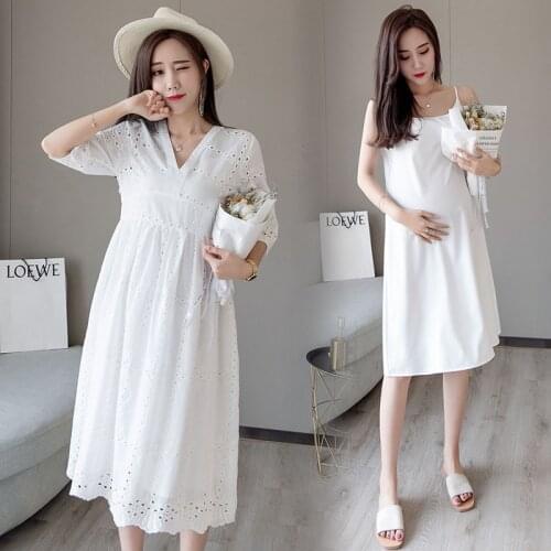 V Neck High Waist Maternity Party Dress Sweet Lovely Hollow Out Cotton Clothes for Pregnant Women Pregnancy Two piece set 2021