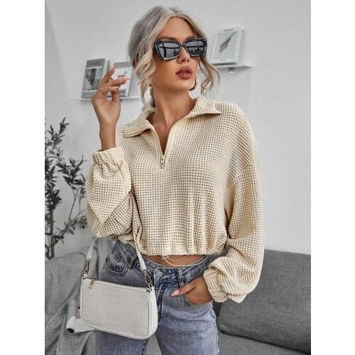 Spring and Autumn Womens Drawstring Lapel Knit Pullover POLO Shirt Long Sleeve Girls Streetwear Ladies Beige Casual Sweater
