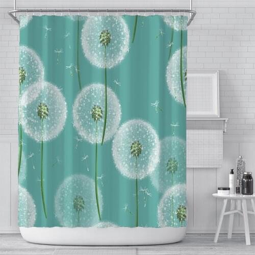 White Dandelion Green Shower Curtain Set with 12 Hooks Bathroom Decoration