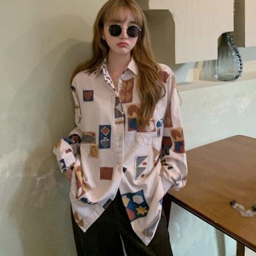 Women Korea Style Design Sense Shirt Retro Printing Loose Long-sleeved Blouse New Autumn Spring Tops