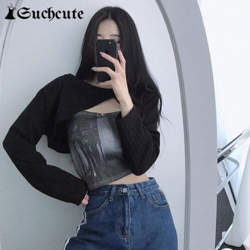 SUCHCUTE Gothic Hollow Out Women T-Shirts Long Sleeve Hight Street Harajuku Casual Sexy Y2K Tops Vintage Knitwear Club Clothes