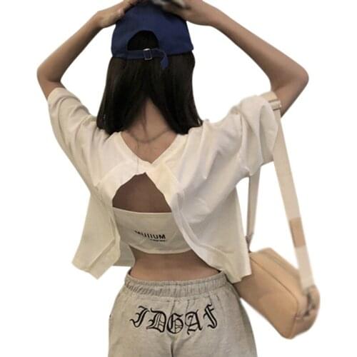 Women Loose Tee Shirt Round Neck Short Sleeve Backless Design Short Style Short Sleeve Top T-Shirt