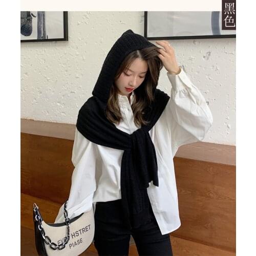 Women Winter Crochet Knit Hood Infinity Scarf Outdoor Windproof Warm Long Shawl Wrap Solid Color Earflap Hat Neck Warmer D254