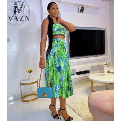 VAZN 2021 European and American Womens Fashion Sexy Casual Summer Print Pleated Halter Skirt Two Pieces
