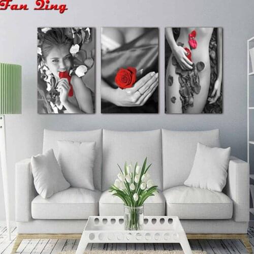 3 pcs5D DIY Full Drill Round Diamond Embroidery Diamond Painting Sexy Woman Rose Pattern Cross Stitch Stickers Needlework