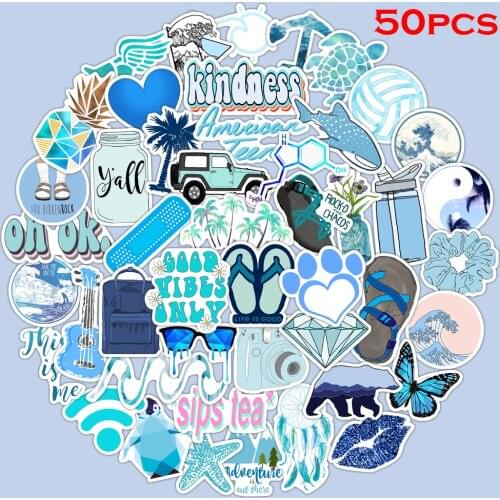 50Pcs Cartoon Blue Small fresh Sticker Childrens Toy Sticker Waterproof PVC Graffiti Sticker Decoration Luggage Bicycle Laptop