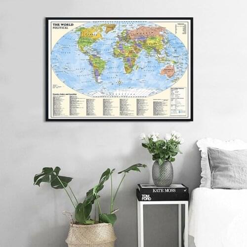 90x60cm The World Political Map with Country Index Canvas Painting Wall Art Poster Card Room Home Decoration School Supplies