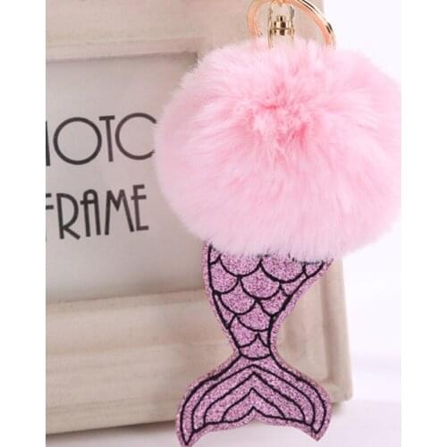 Mermaid Tail Keychain PU faux Rabbit Fur Pom Key Chain Bulb Bag pom pom Ball Pendant Car phone Holder Bag Key ring Jewelry Women