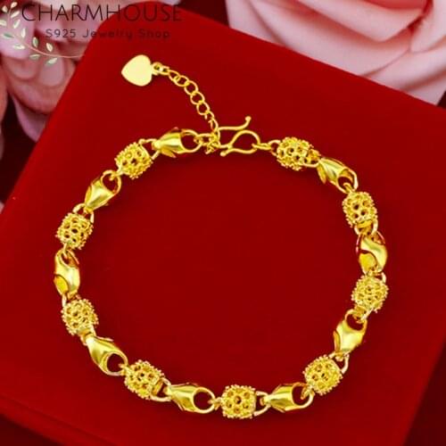 Pure Yellow Gold Color Bracelets for Women Lock Chain Bracelet & Bangles Wristband Pulseira Femme Wedding Bridal Jewelry Bijoux