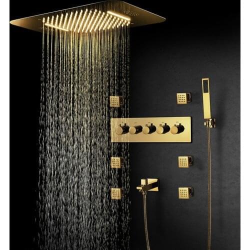Ti-PVD Gold LED Shower System Bathroom Faucets Rain Shower Set Music ShowerHead Thermostatic Brass Concealed Mixer Spout