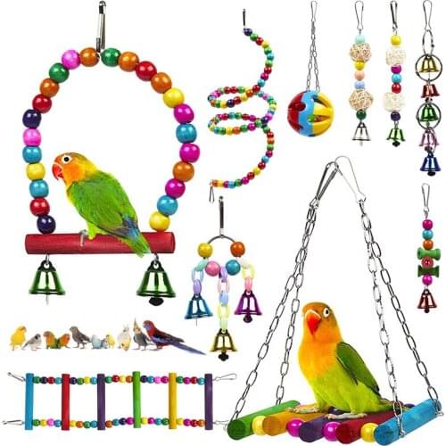 Parrot Toy 10PCS Set Hang Swing Bridge Chewing Bite Rattan Balls Bell Wooden Bead Rotating Ladder Bird Cage Accessories Supplies