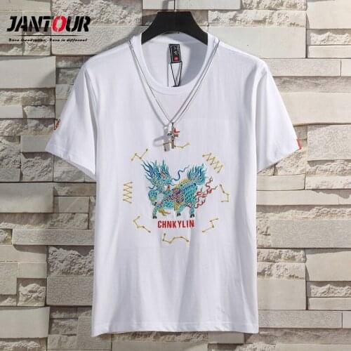 Jantou New Unicorn Embroidered T Shirt Men T-shirt Hip Hop Cotton Chinese Character Embroidery Tee White Tops Big Size 4XL