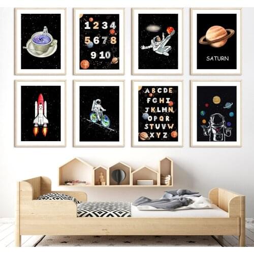 Space Astronaut Rocket Alphabet Number Nursery Wall Art Canvas Painting Nordic Posters And Prints Wall Pictures Child Room Decor