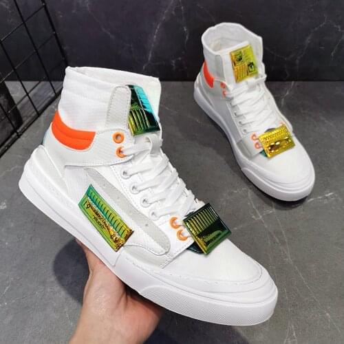 European New Men Casual Shoes Spring Summer High End Breathable Fabric Patchwork Street Trend White Flat Shoes Leisure Sneakers