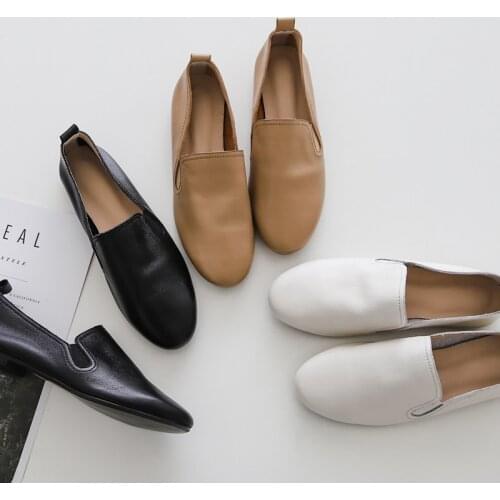 MEZEREON Womens Grandma Shoes Full Grain Leather Low Heel 1CM Simple Design Girls Flats Comfortable Soft Footwear TPR Bottom