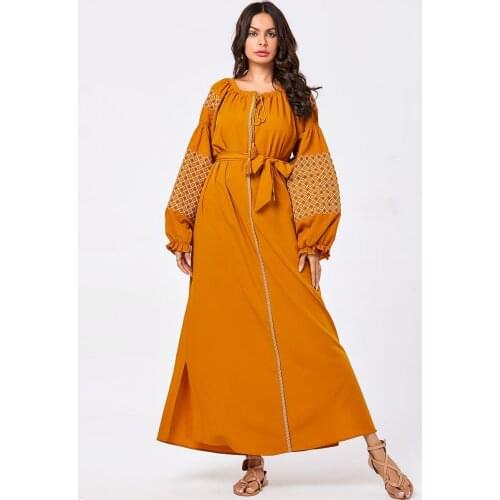 Fashion Women Muslim Maxi Dress Kaftan Abaya Dubai Embroidery Jilbab Arab Robe Puff Sleeve Cocktail Party Gown Ramadan Plus Size