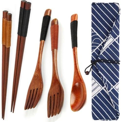 Japanese Style Wooden Cutlery Sets Useful Spoon Fork Chopsticks Travel Gift Dinnerware Suit Portable Tableware With Cloth Bag