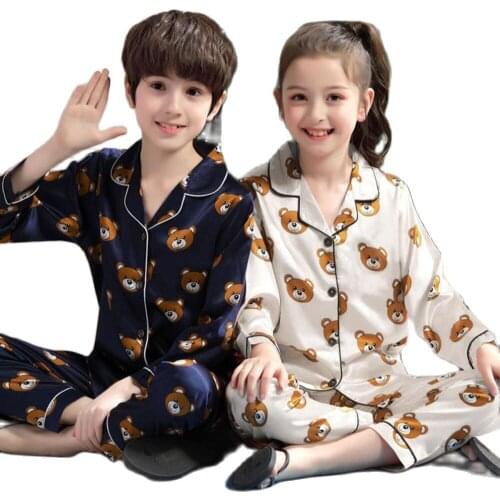 Teenagers Boys Girls Pajamas Ice Silk Tracksuit Kids Summer Air Conditionin Children Suit Cartoon Printing Tops Shirt + Trousers