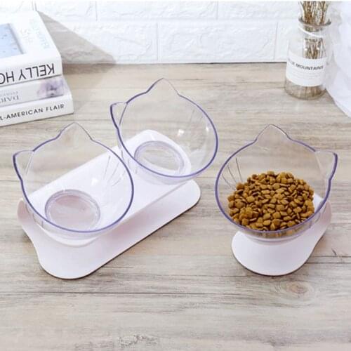 Pet Adjustable Tilting Bowl Cats Dogs Feeding Food Water Container Single Double Bowls Transparent Cat Ear Shape