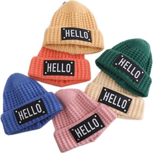 Doitbest Winter hat for kids beanies HELLO Letters Child knit Beanie hats warm baby kid girls Earflap caps For 2 to 6 Years old